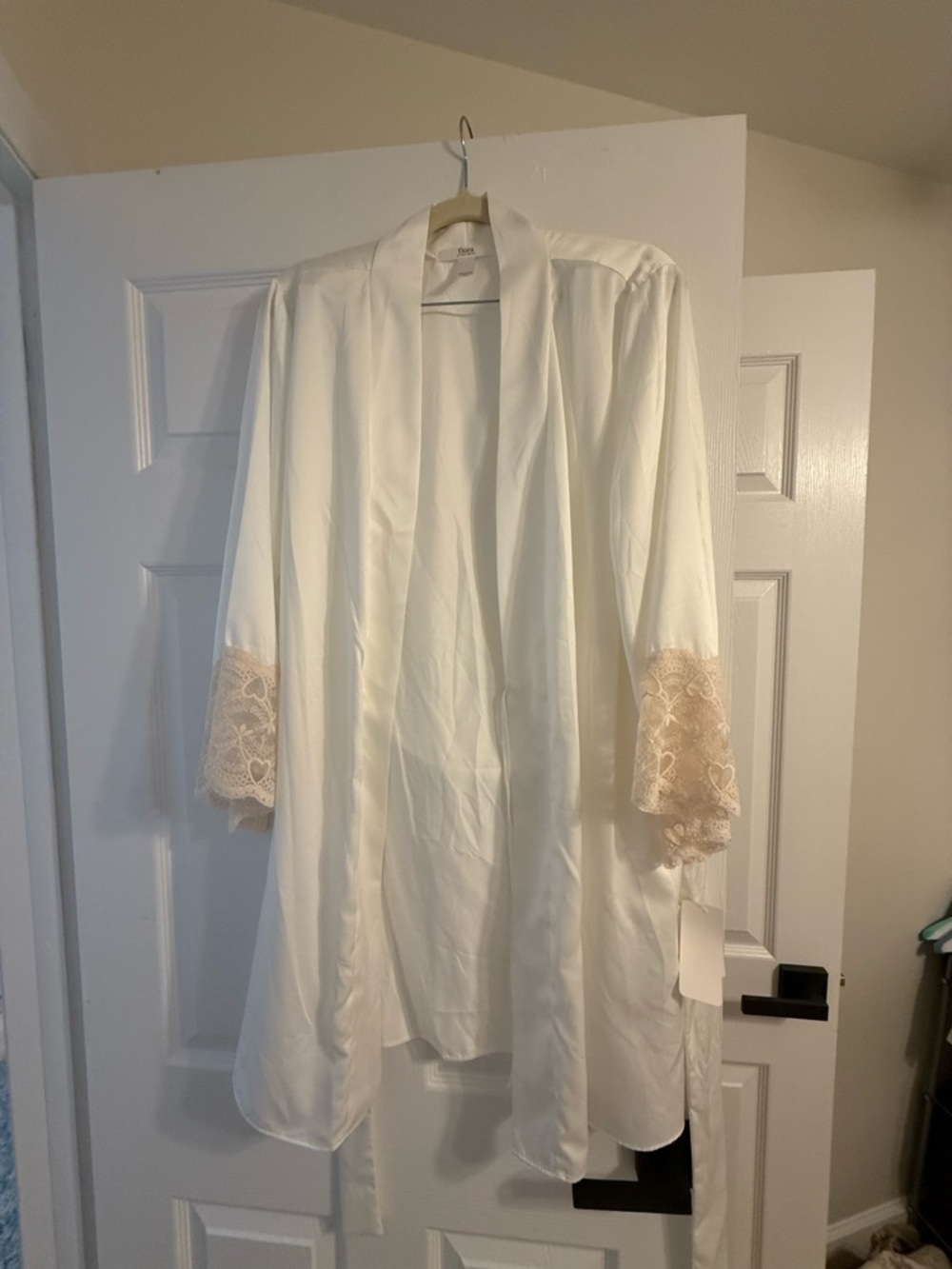 Women’s Satin Robe with Lace Cuffs - White/Ivory